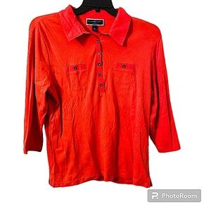 Karen Scott Women’s Orange Quarter Sleeves Pullover Button Collar Polo Shirt